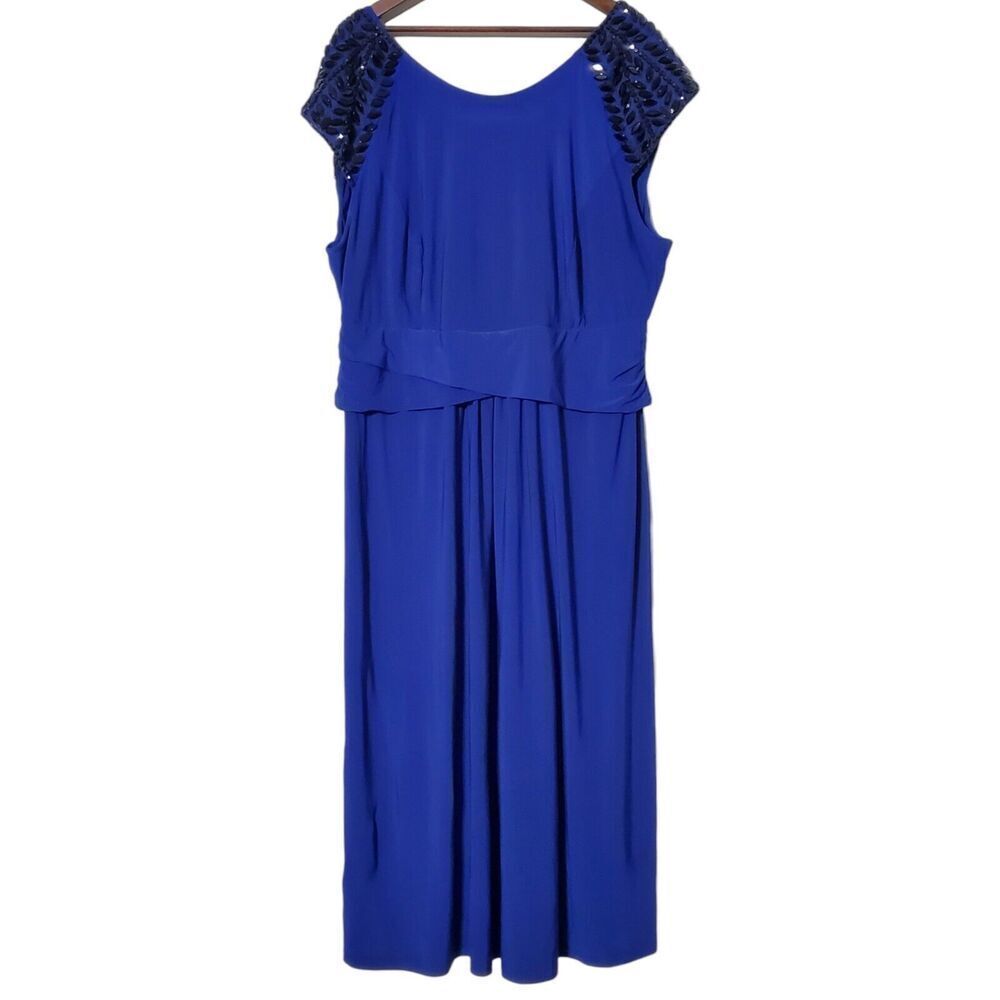 Joanna Hope Ruched Maxi Dress Size 26 Beaded Sleeves Stretchy Blue Womens